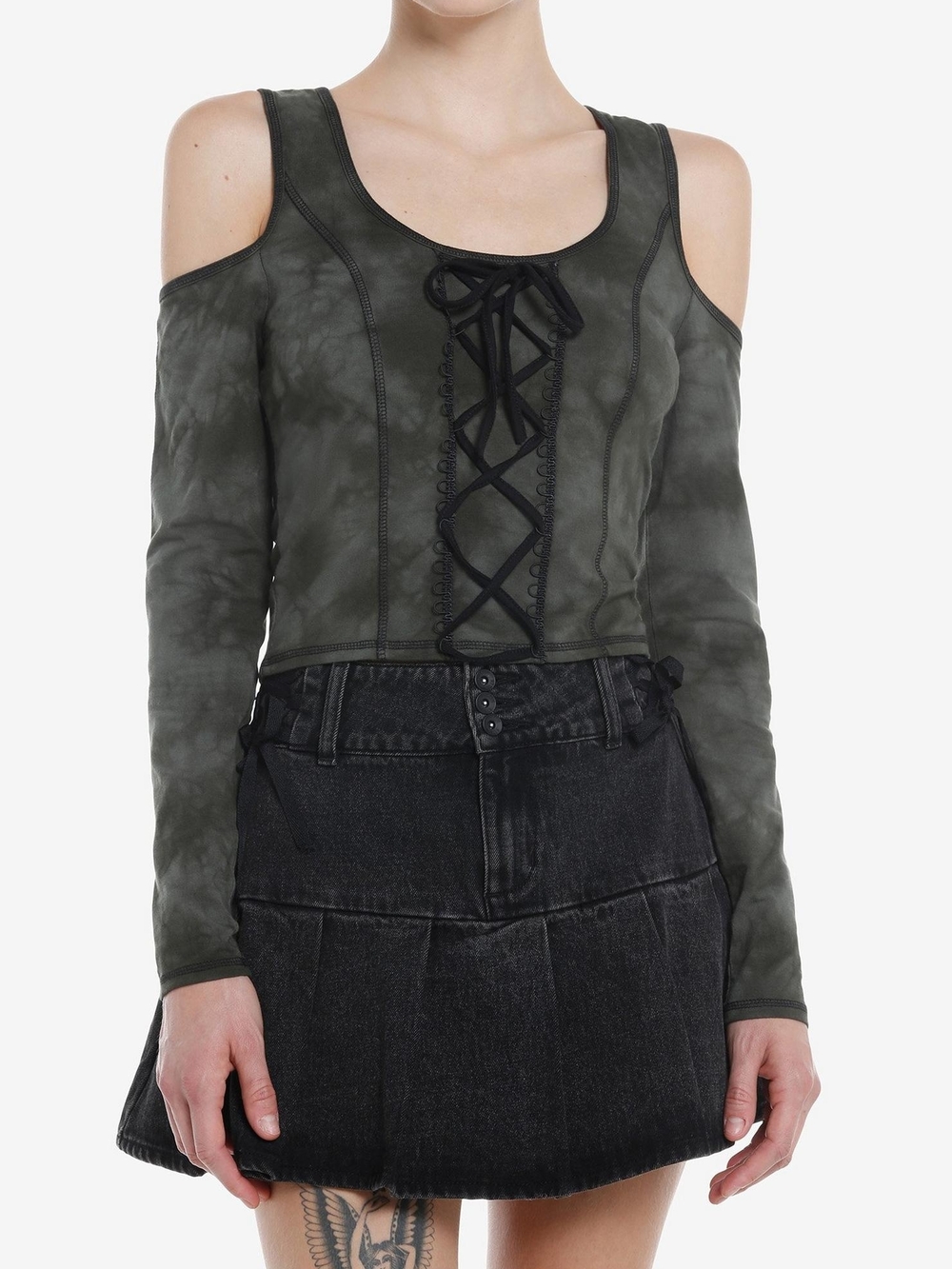 Y2K Goth Grunge Cold Shoulder Lace Up Top Women’s Medium Green Tie Dye Long Slee